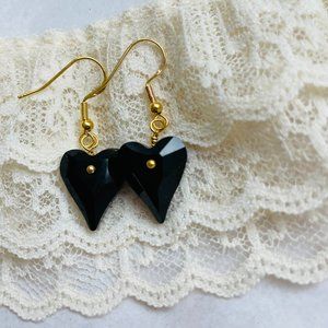 Black Heart Crystal Dangle Earrings 1.5” NEW